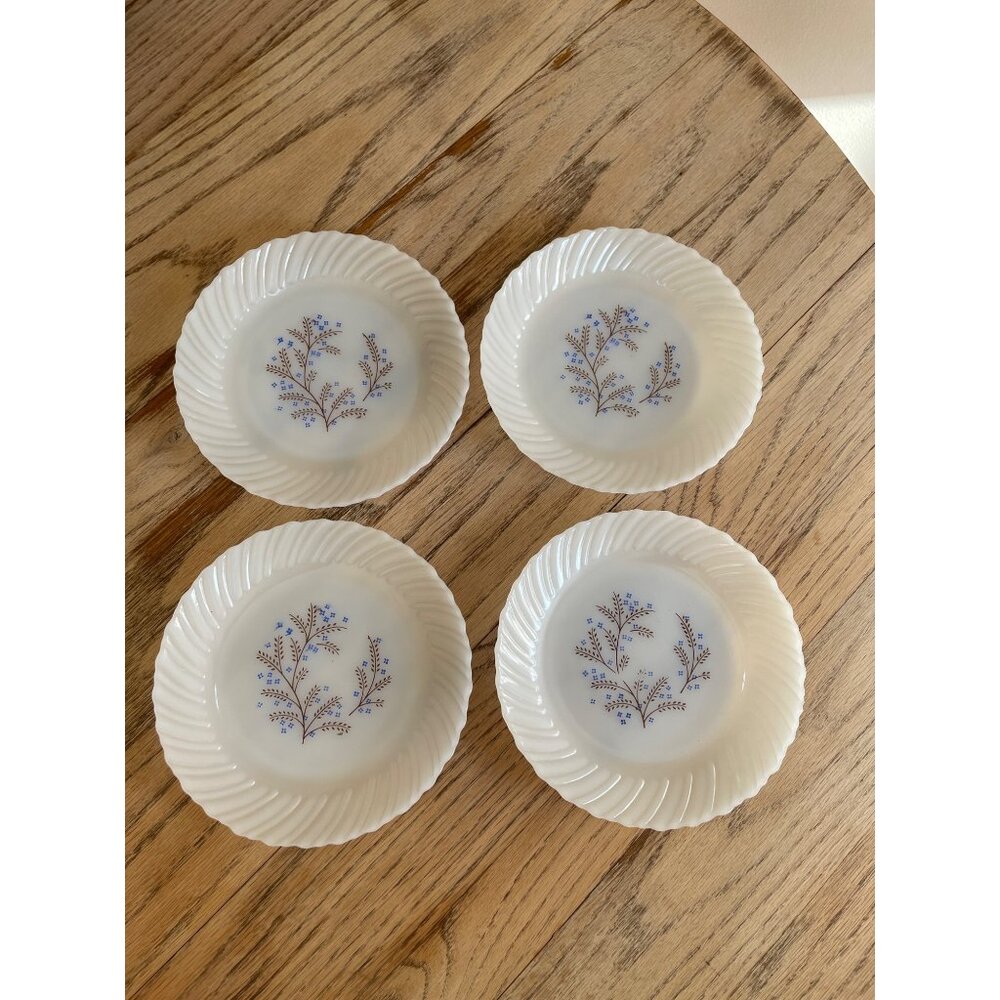 VTG Termocrisa Milk Glass Dessert Plates  Blue Floral  Set of 4